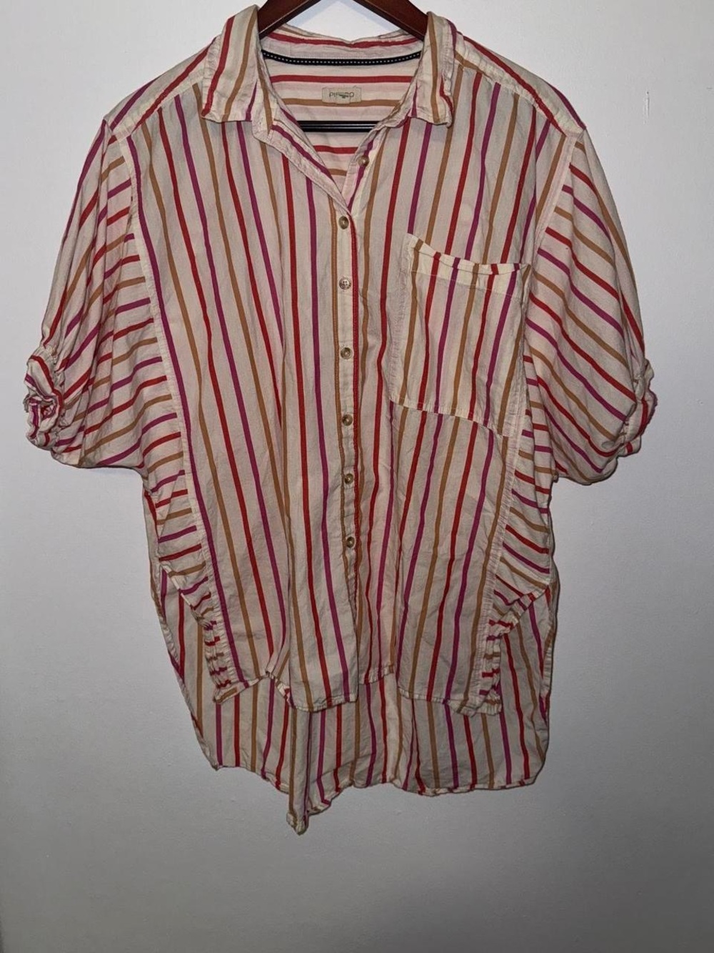 Pilcro Striped Button-Up in Cream, Pink & Orange